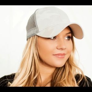 Camo Metallic Messy Bun Hat